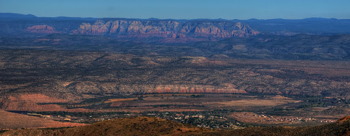 Panoramic view of Arizona’s Verde Valley and distant red-rock cliffs